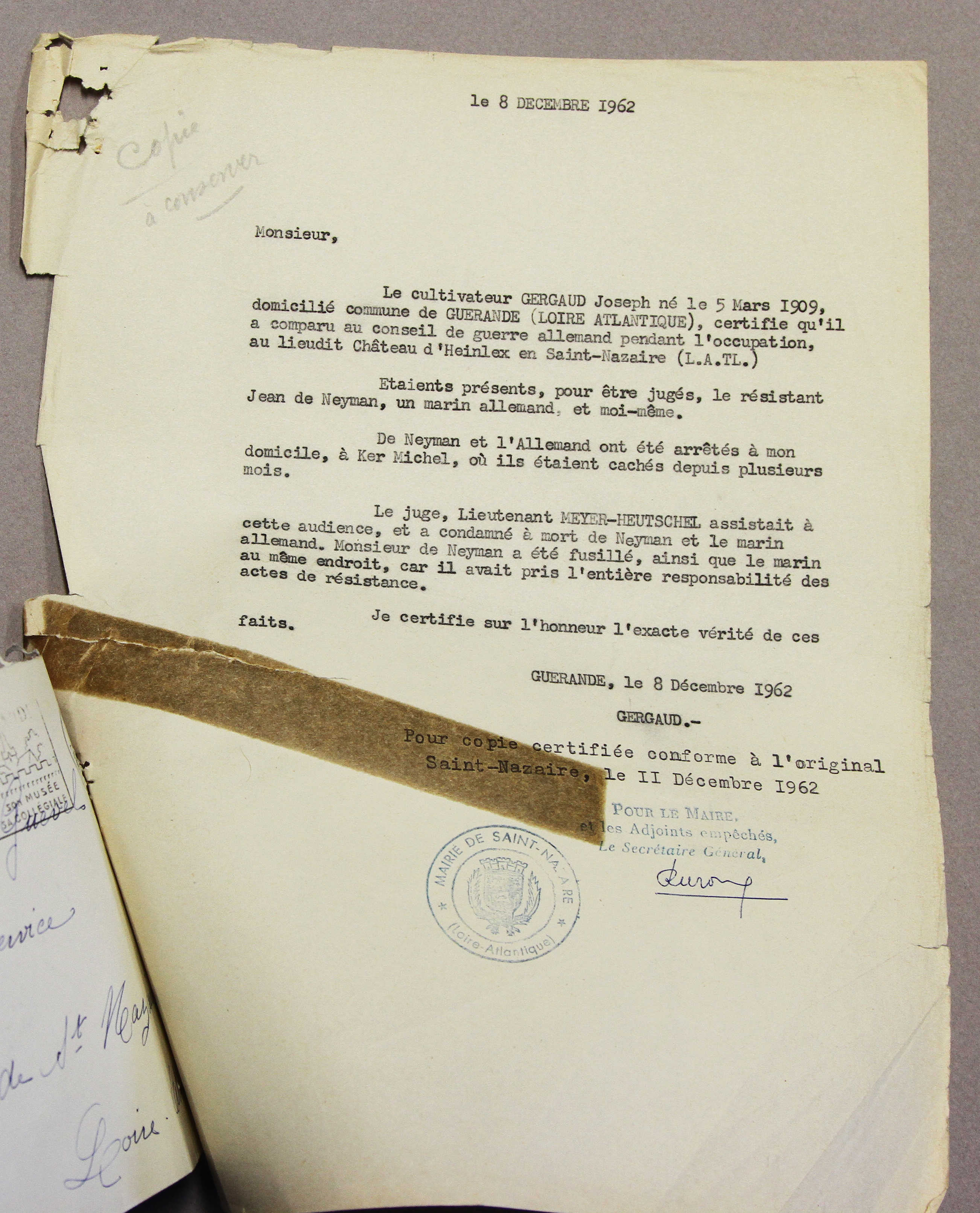 Copie du témoignage de Joseph Gergaud.