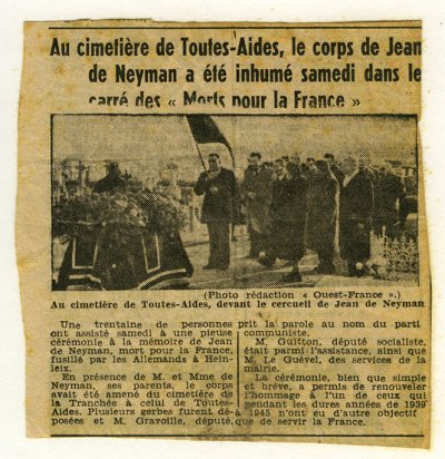 <p>À propos de la seconde inhumation de Jean de Neyman.</p>© Ouest-France - Fonds Martine Gergaud - Collection [P.M.->33].