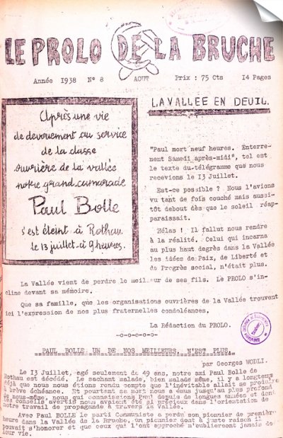 Une du Prolo de la Bruche d'août 1938