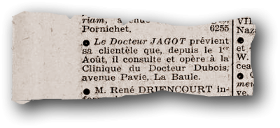 Journal Le courrier de Saint-Nazaire - 14 août 1942 - Extrait page 2 - Annonce du nouveau lieu d'exercice du docteur Jagot