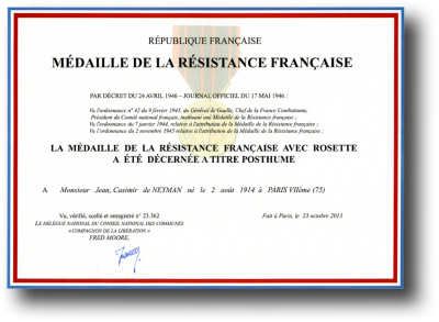 Duplicata du diplôme de la Médaille de la Résistance Française déposé au [<acronym title="Musée de la Résistance nationale">M.R.N.</acronym>->https://www.musee-resistance.com/] à Champigny-sur-Marne