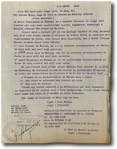 Déclaration de naturalisation de Jean, Marie et André.
